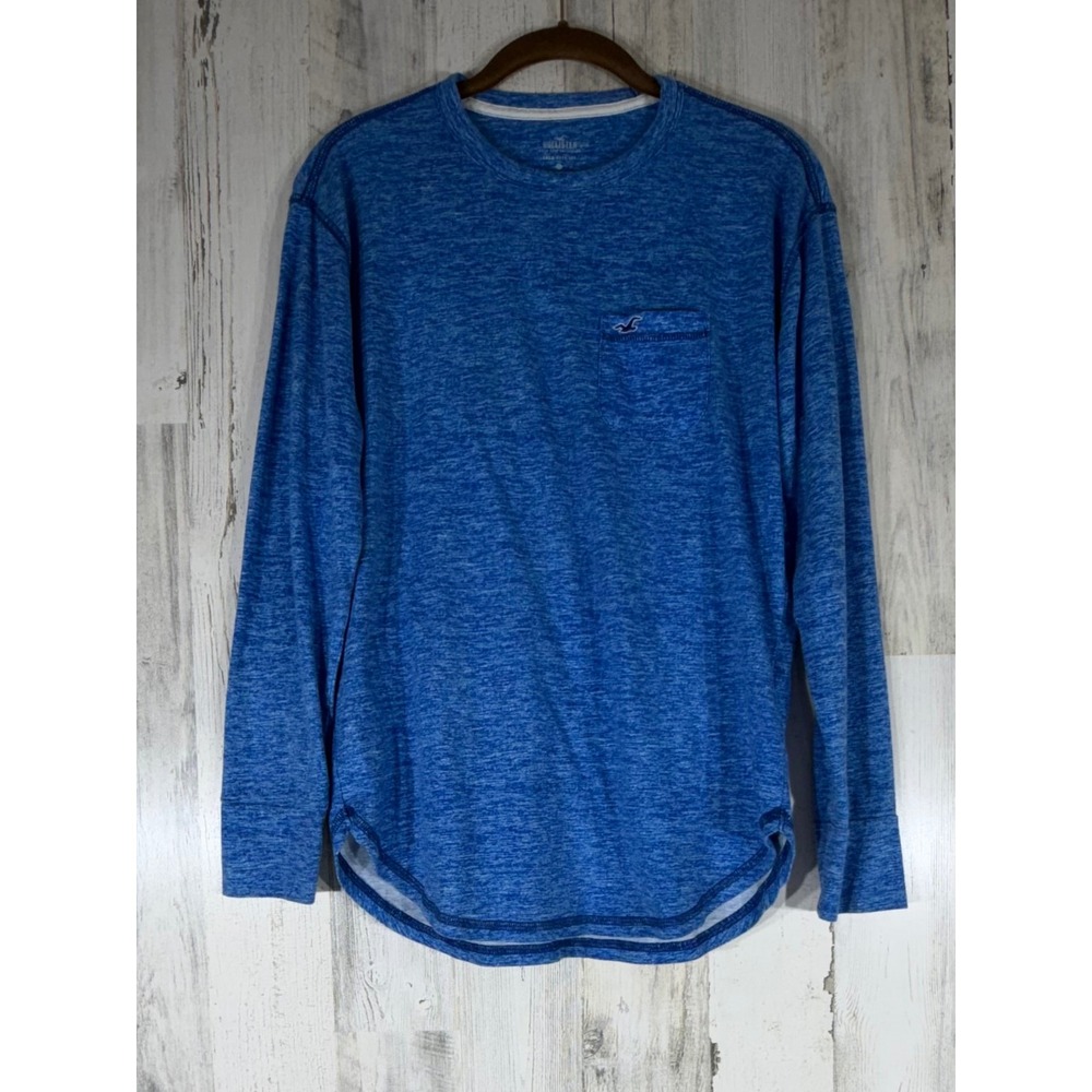 Hollister Mens Blue Heathered Crew Neck Long Sleeve T-Shirt Pocket Size‎ XS